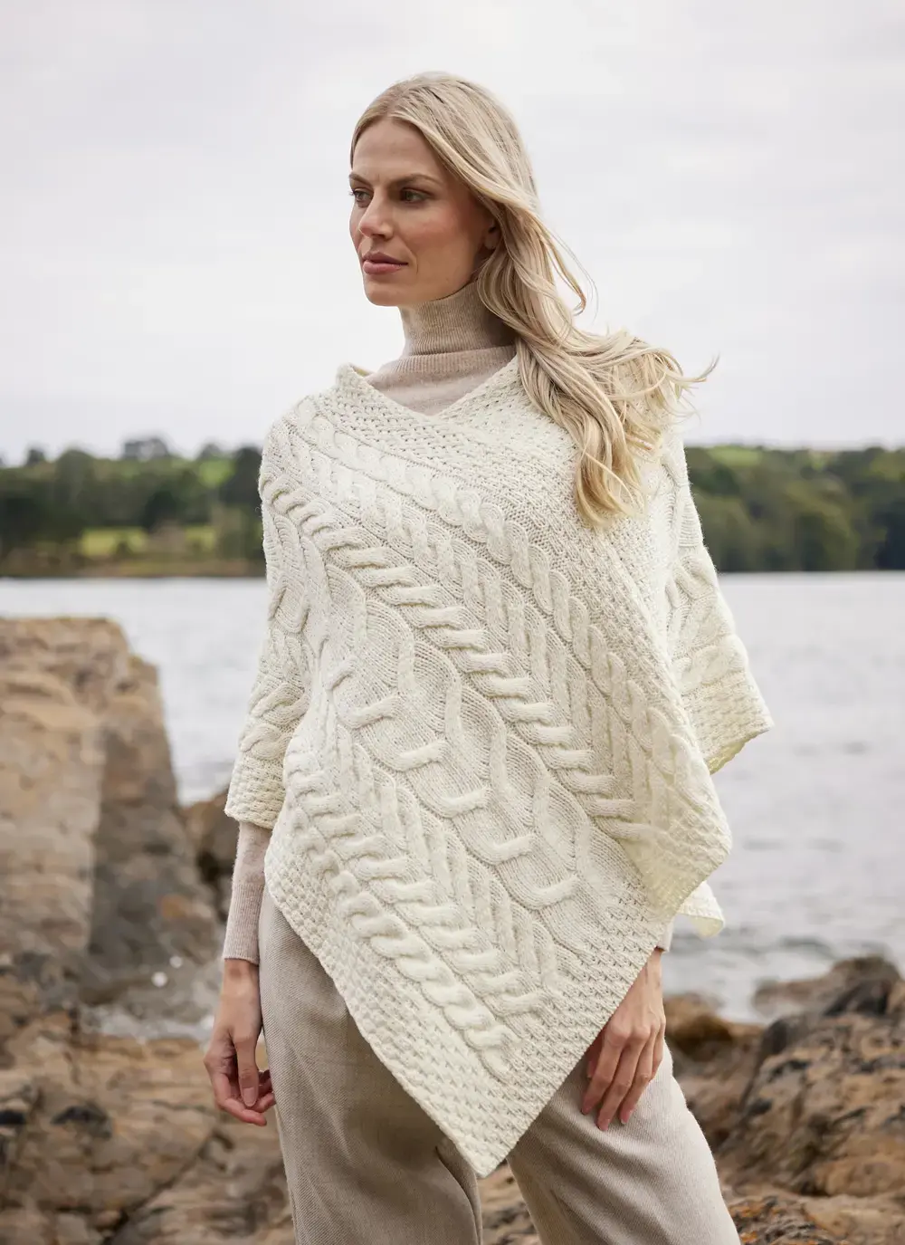 Supersoft Merino Wool Cable Poncho in Natural